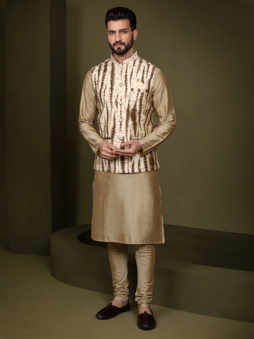Men Cream Kurta Jacket Set - Image 8