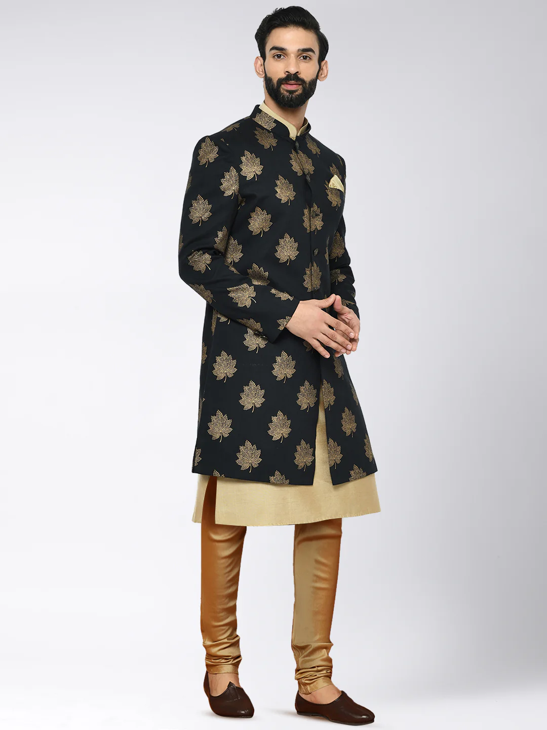Men's Black Indowestern Set With Kurta and Churidar - Image 2
