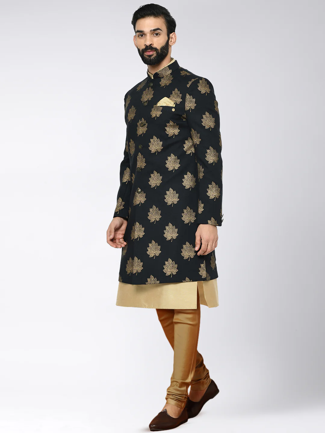 Men's Black Indowestern Set With Kurta and Churidar - Image 3