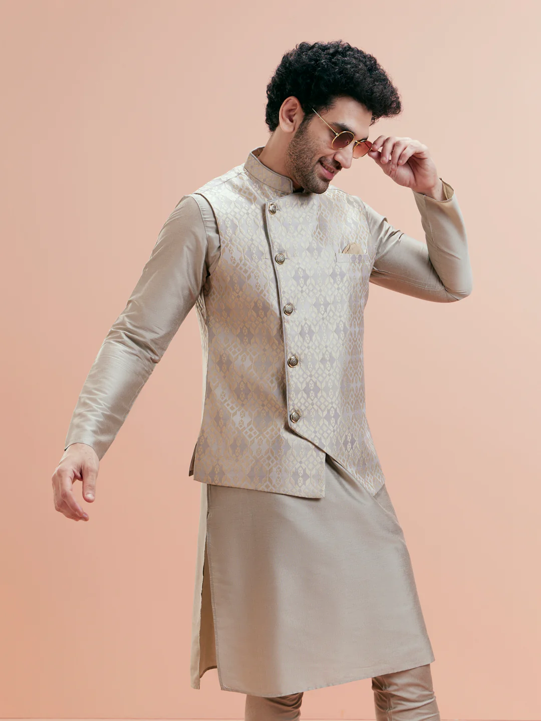 Grey Silk Blend Geometric Nehru Jacket Kurta Churidar Set - Image 4