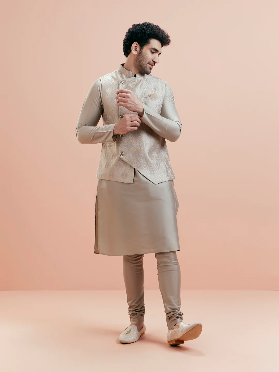 Grey Silk Blend Geometric Nehru Jacket Kurta Churidar Set - Image 5