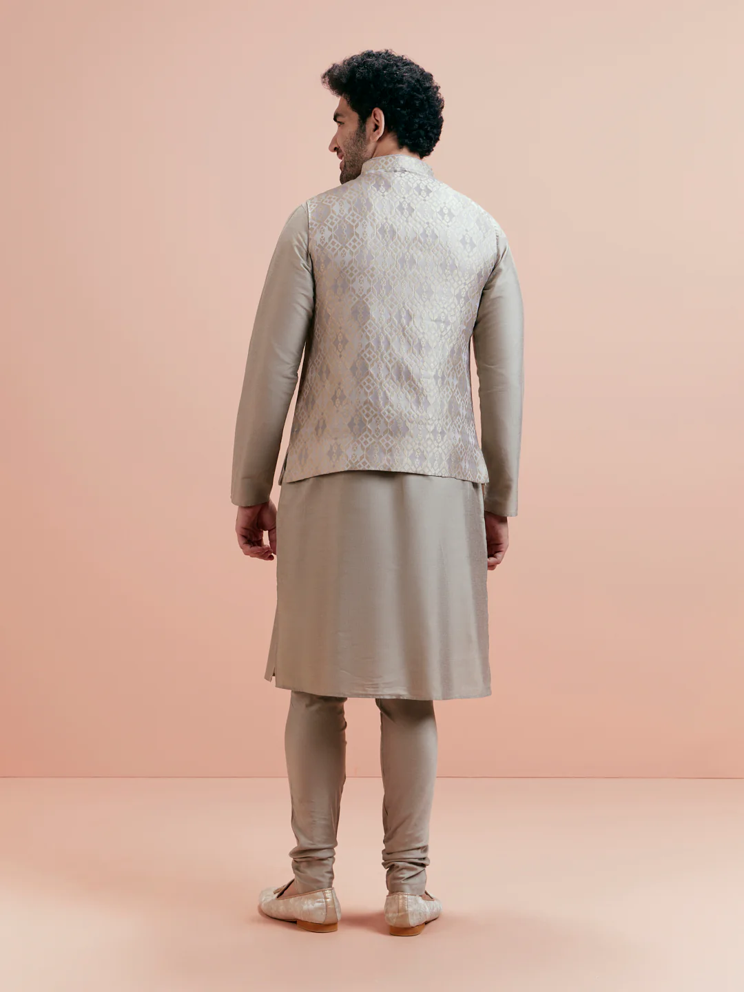 Grey Silk Blend Geometric Nehru Jacket Kurta Churidar Set - Image 6