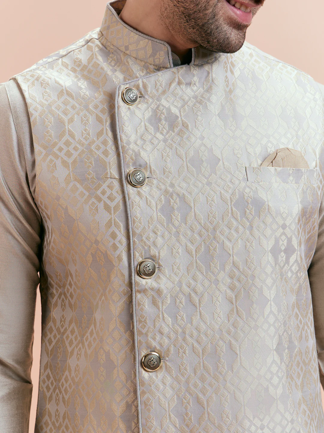 Grey Silk Blend Geometric Nehru Jacket Kurta Churidar Set - Image 7