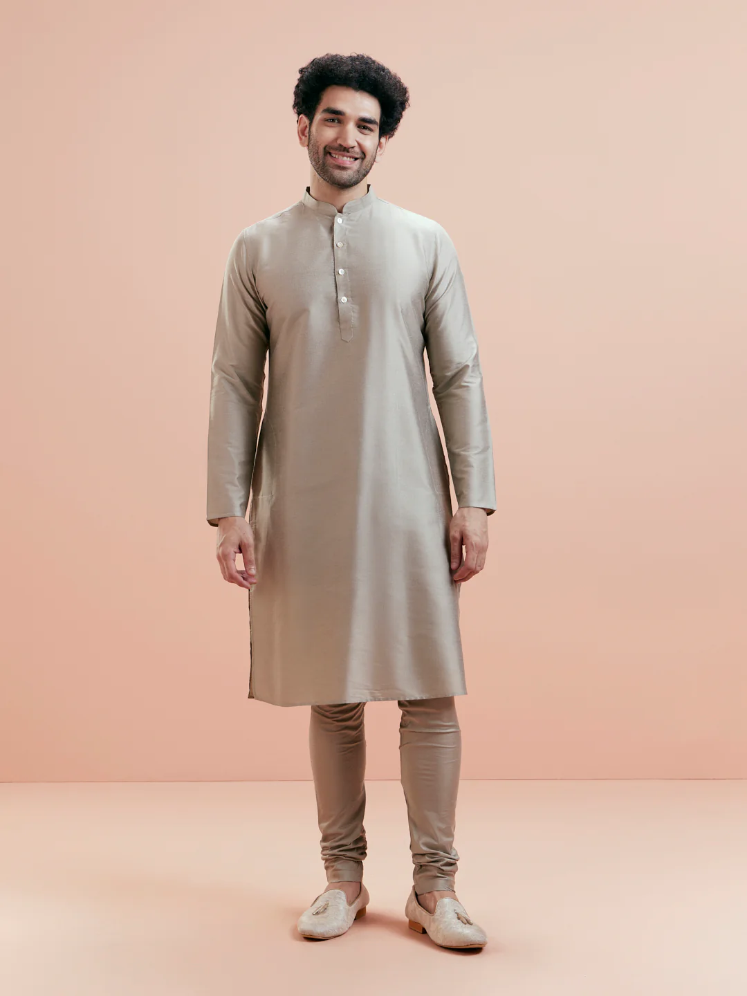 Grey Silk Blend Geometric Nehru Jacket Kurta Churidar Set - Image 8