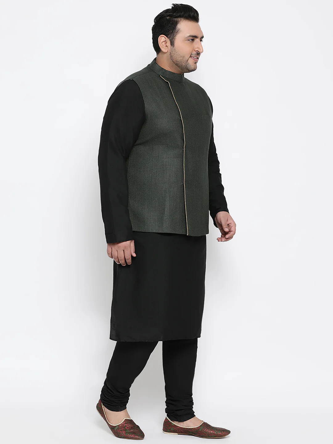 Men's Olive Kurta Churidar Jacket Set - Image 7