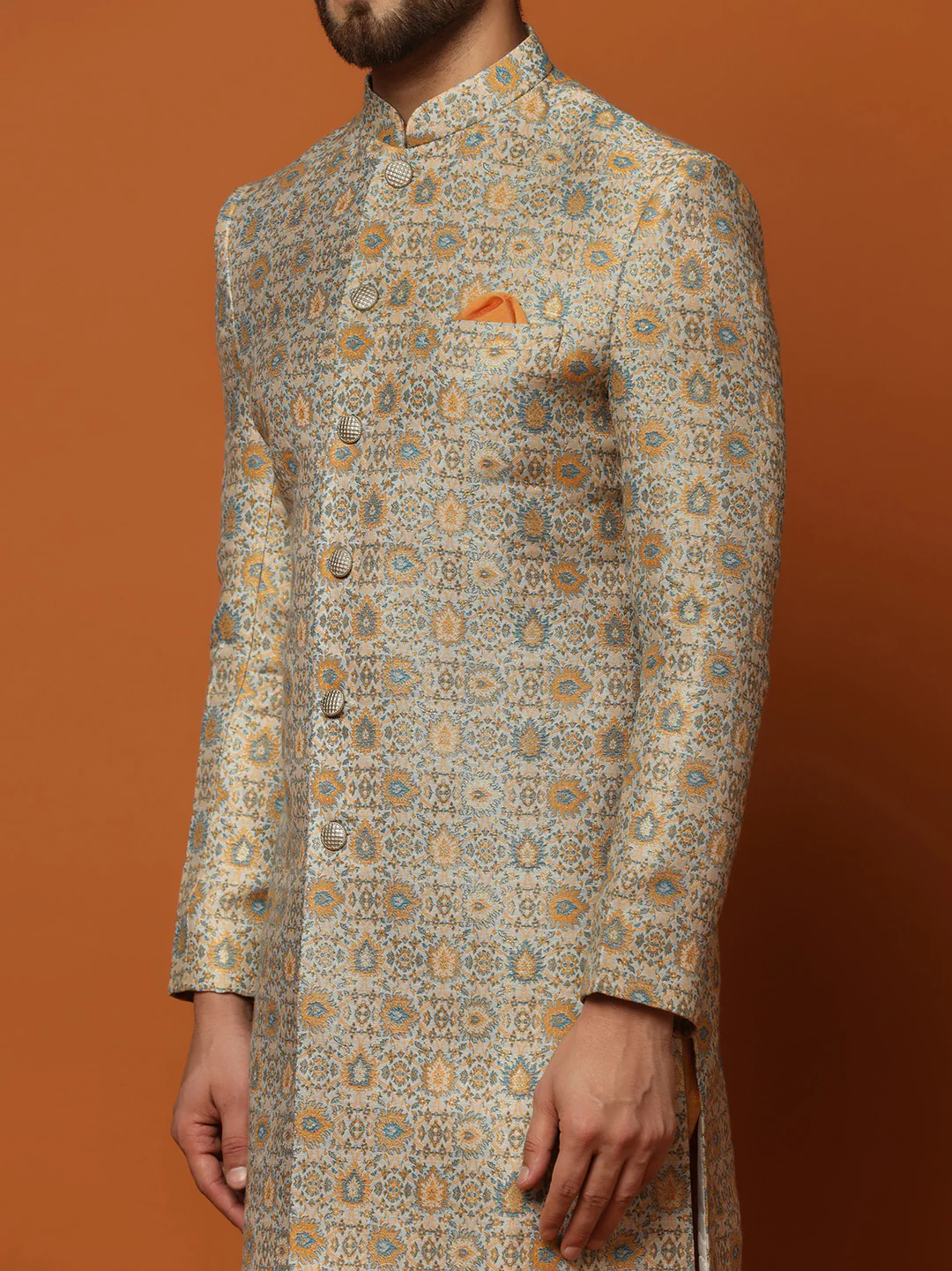 Grey Cotton Silk Printed Sherwani Kurta Churidar Set - Image 6