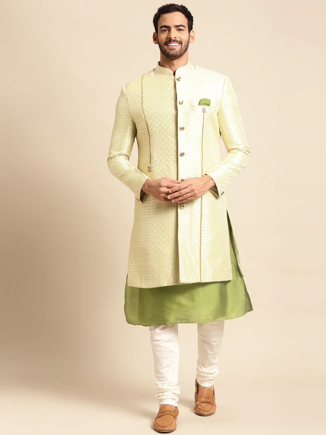 Men's Gold Indowestern Set With Kurta and Churidar - Image 7