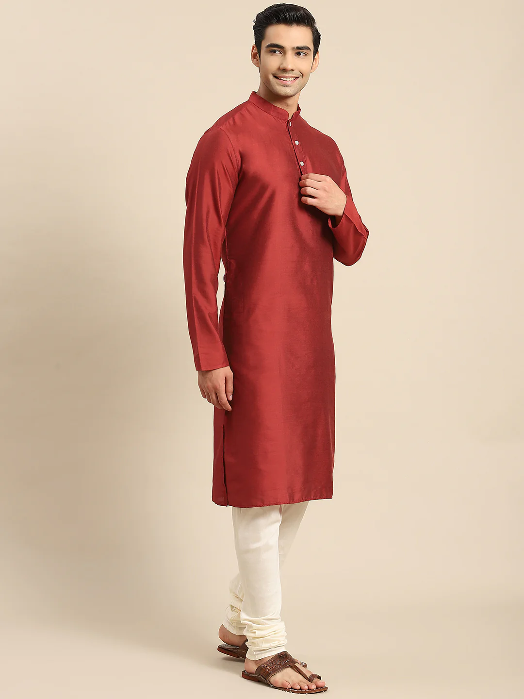 Men Red Kurta Jacket Set - Image 7