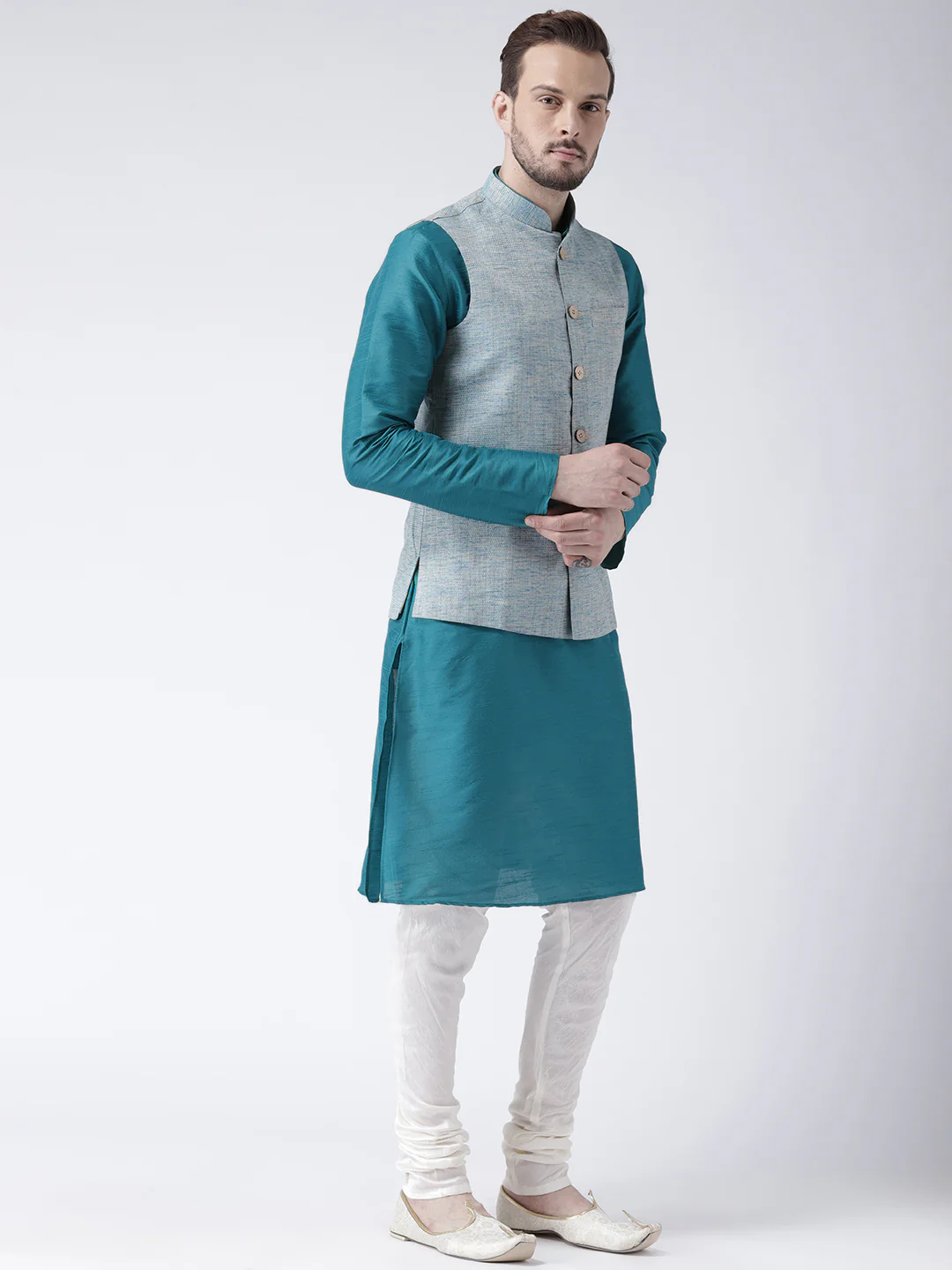 Men Blue Solid Kurta Jacket Churidar Set - Image 3
