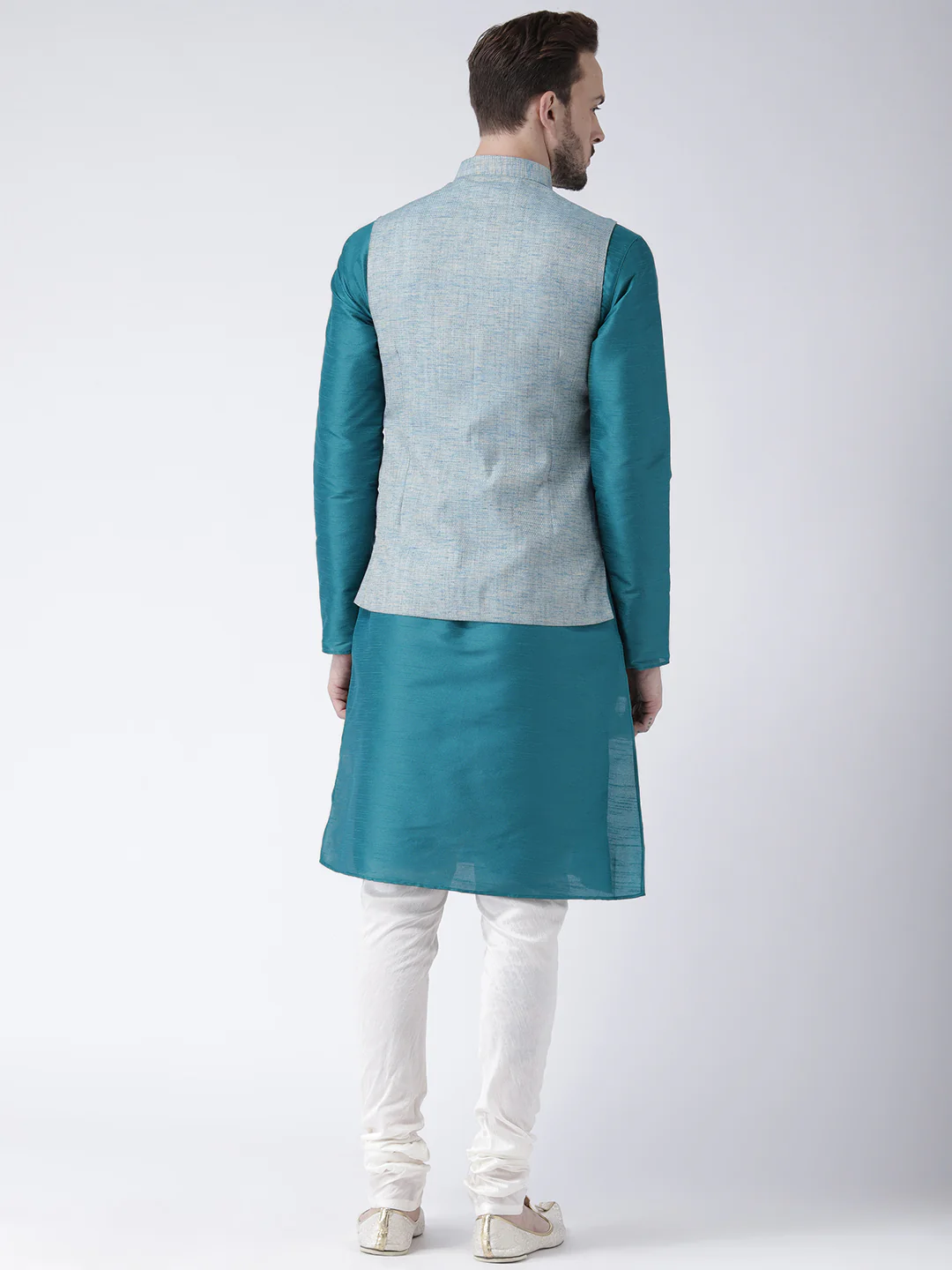 Men Blue Solid Kurta Jacket Churidar Set - Image 4