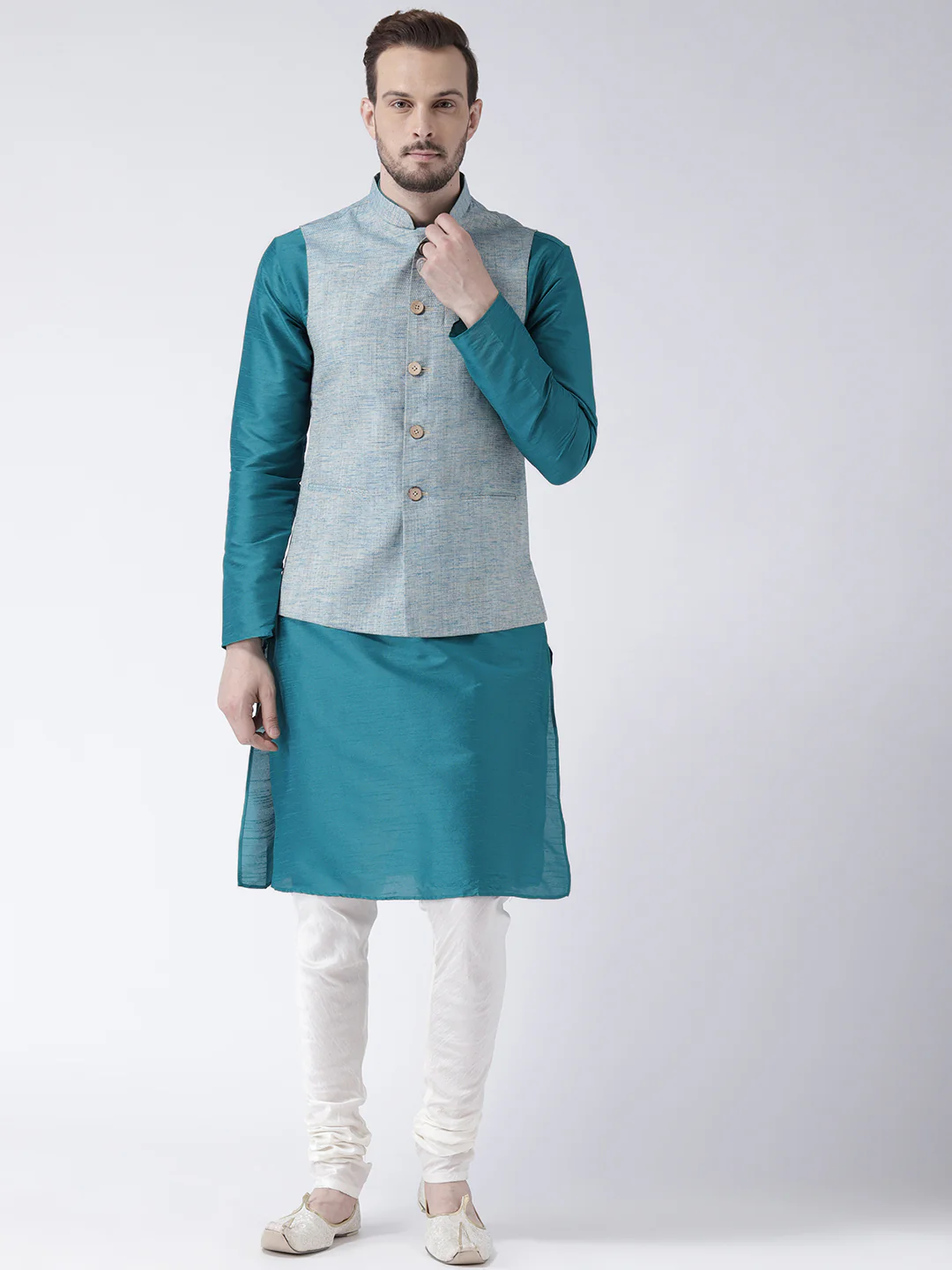 Men Blue Solid Kurta Jacket Churidar Set - Image 5