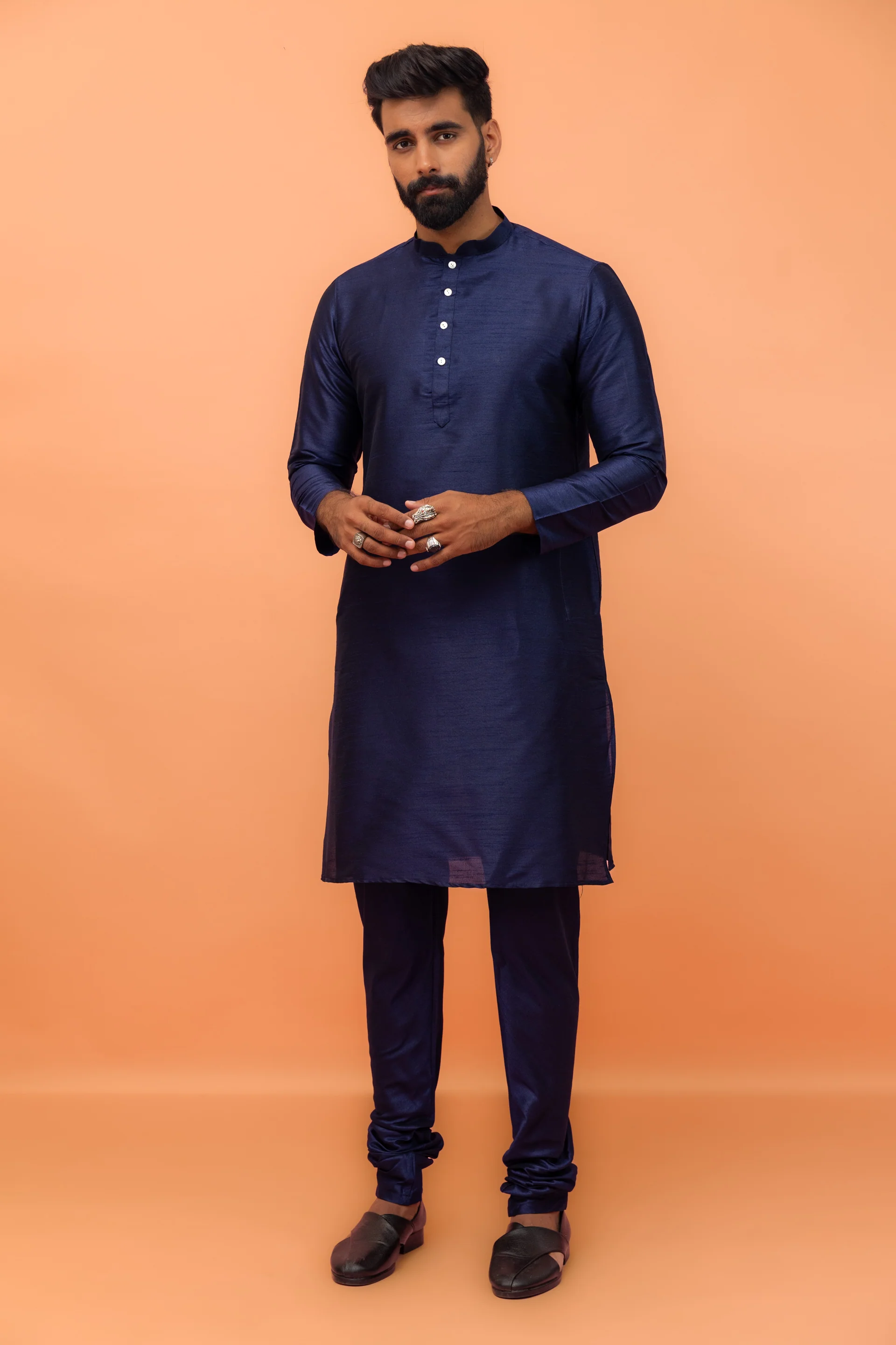 Maroon Navy Silk Blend Woven Jacket Kurta Churidar Set - Image 5