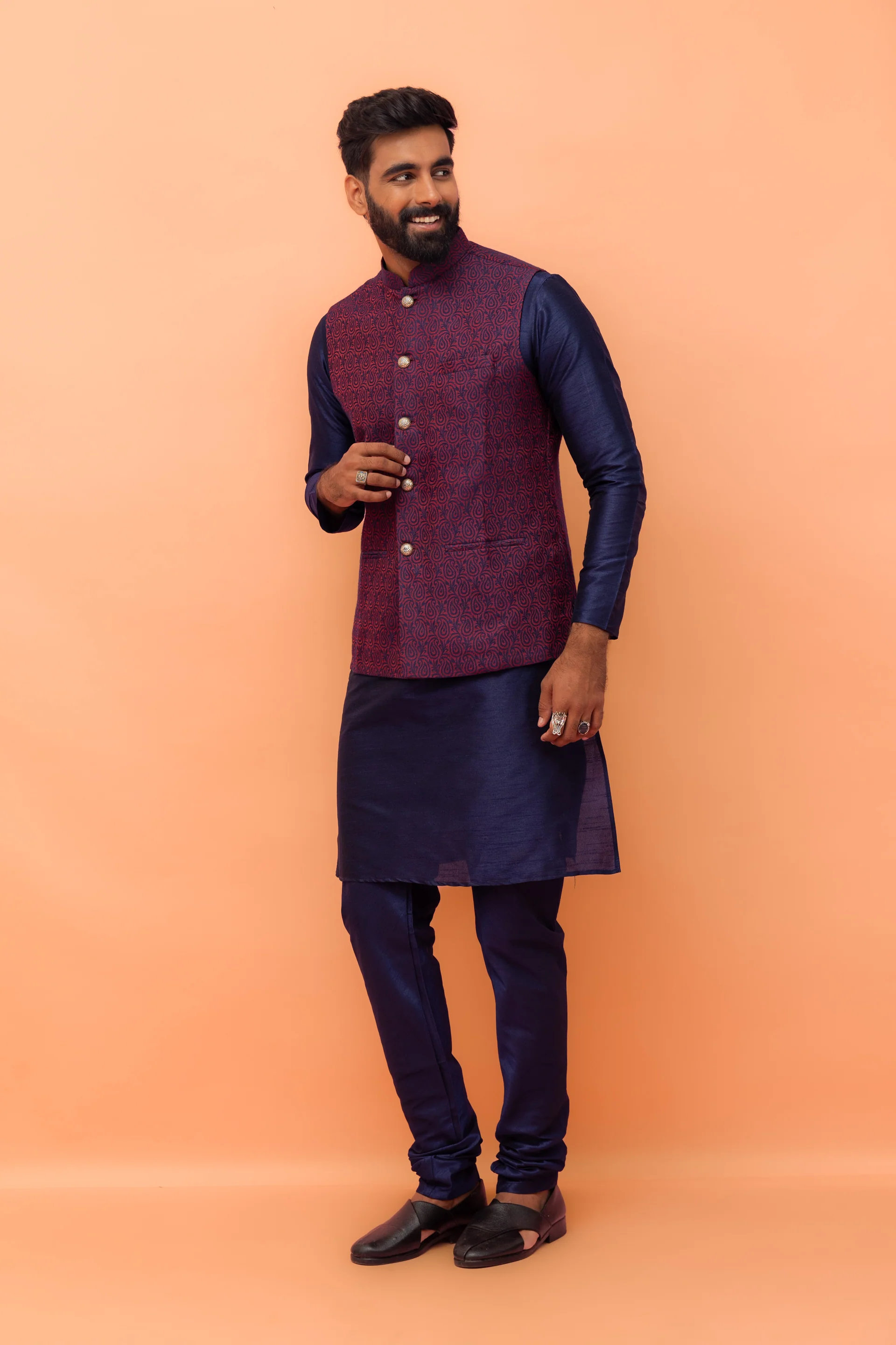 Maroon Navy Silk Blend Woven Jacket Kurta Churidar Set - Image 7