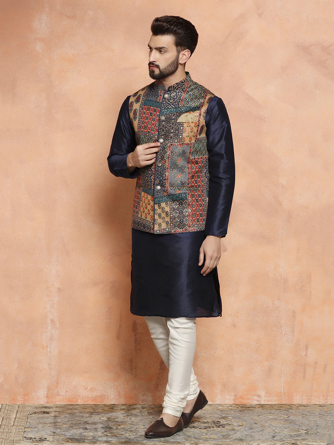 Multicolor Printed Nehru Jacket Kurta Churidar - Image 3