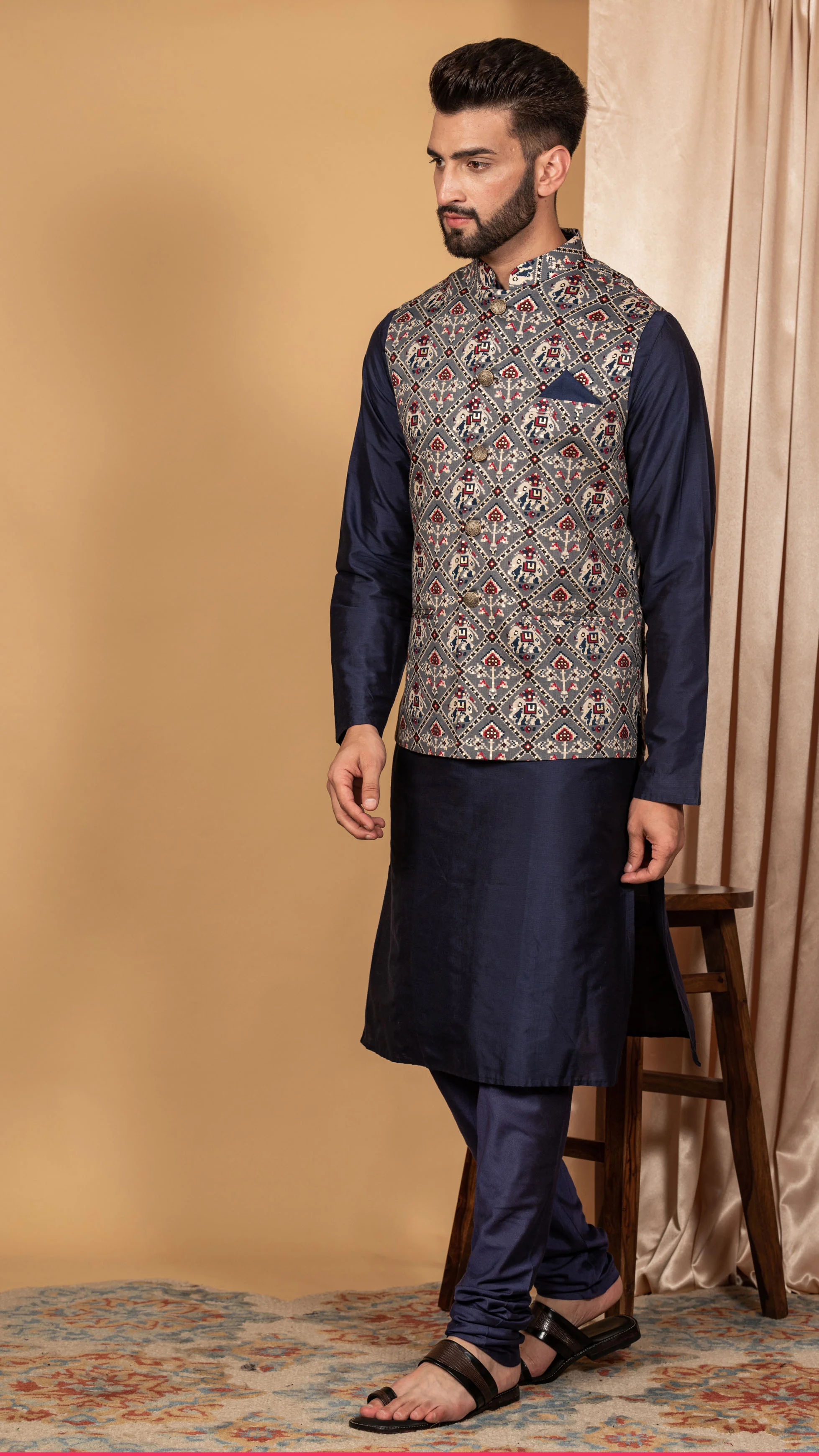 Men Grey Kurta Jacket Set - Image 5