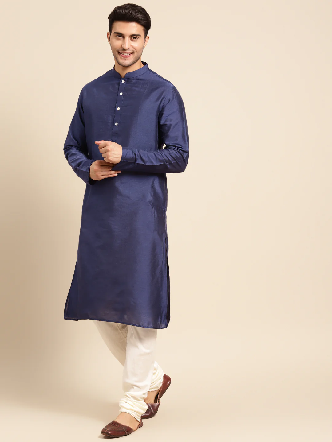 Men's Navy Blue Kurta Churidar With Dupatta Set - Image 3