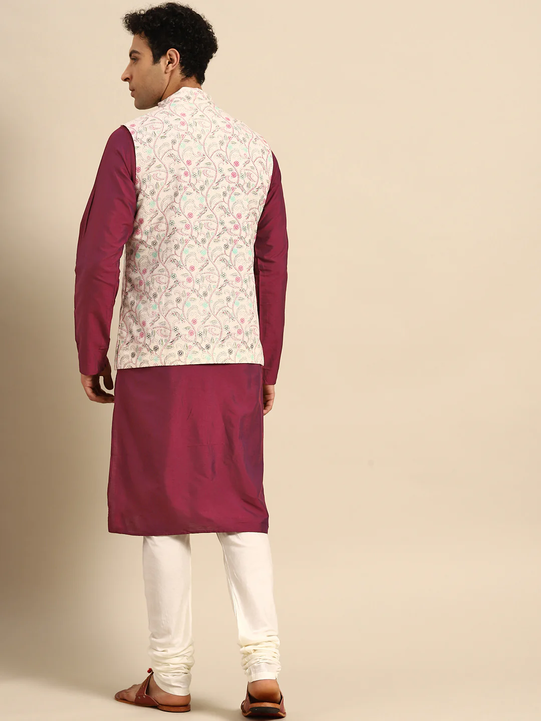 Green Silk Blend Kurta with Beige Multicolor Printed Nehru Jacket set - Image 2