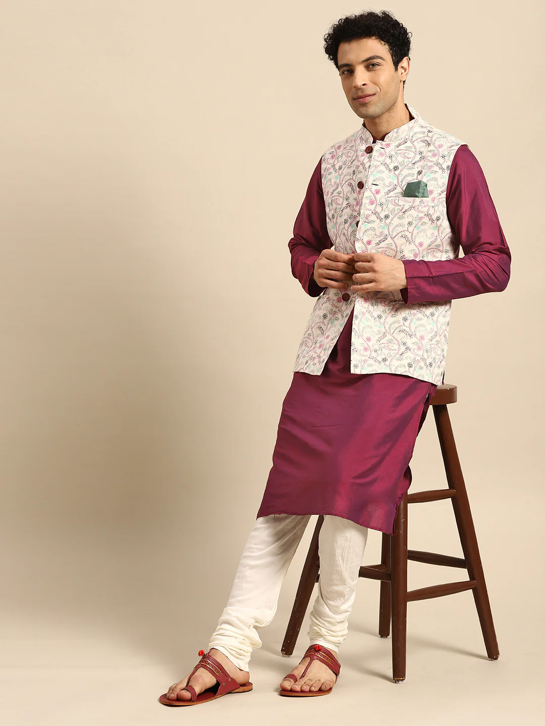 Green Silk Blend Kurta with Beige Multicolor Printed Nehru Jacket set - Image 3
