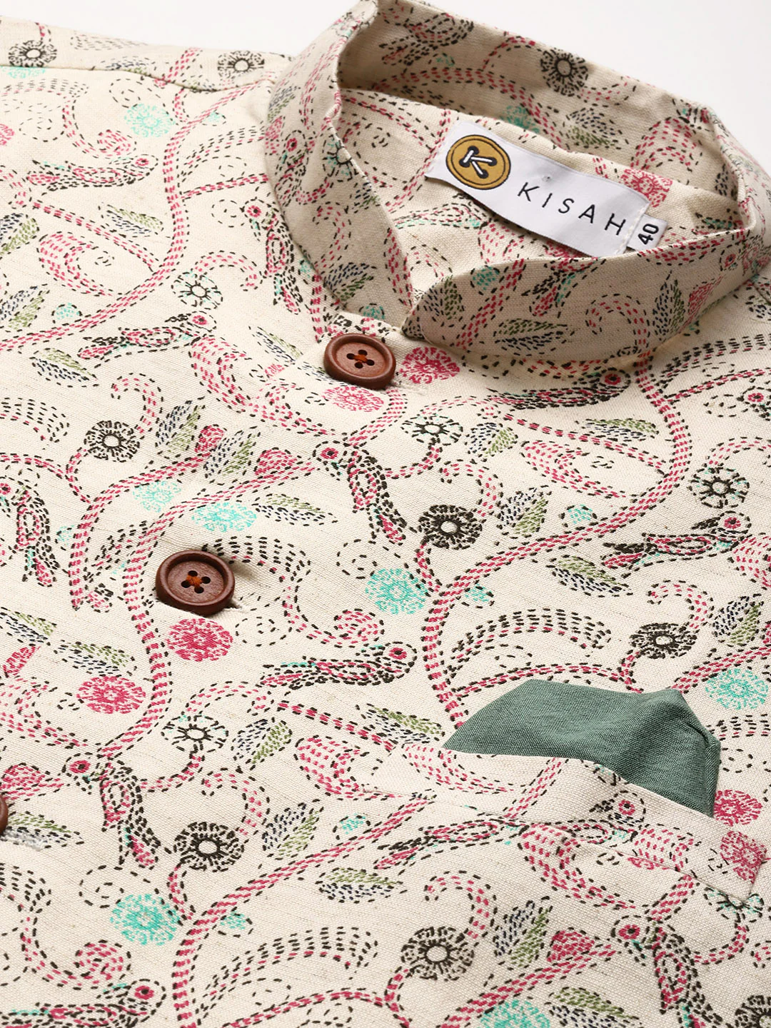 Green Silk Blend Kurta with Beige Multicolor Printed Nehru Jacket set - Image 5