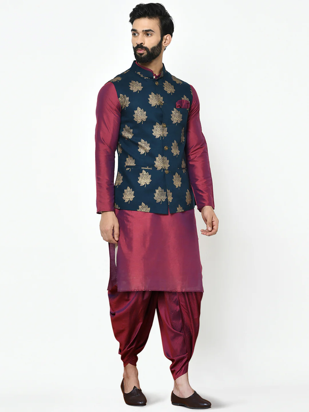 Men's Navy Blue Kurta Jacket Dhoti Set - Image 2