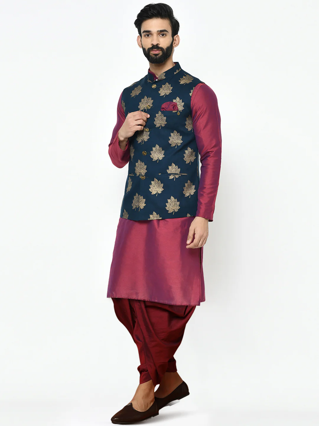 Men's Navy Blue Kurta Jacket Dhoti Set - Image 3