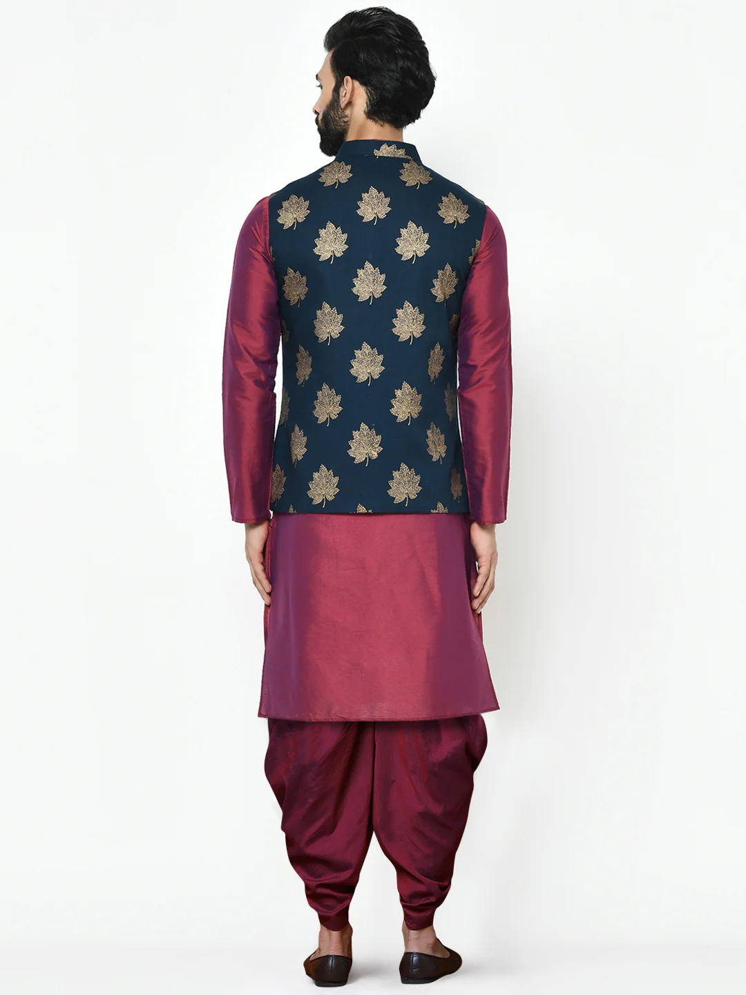 Men's Navy Blue Kurta Jacket Dhoti Set - Image 4