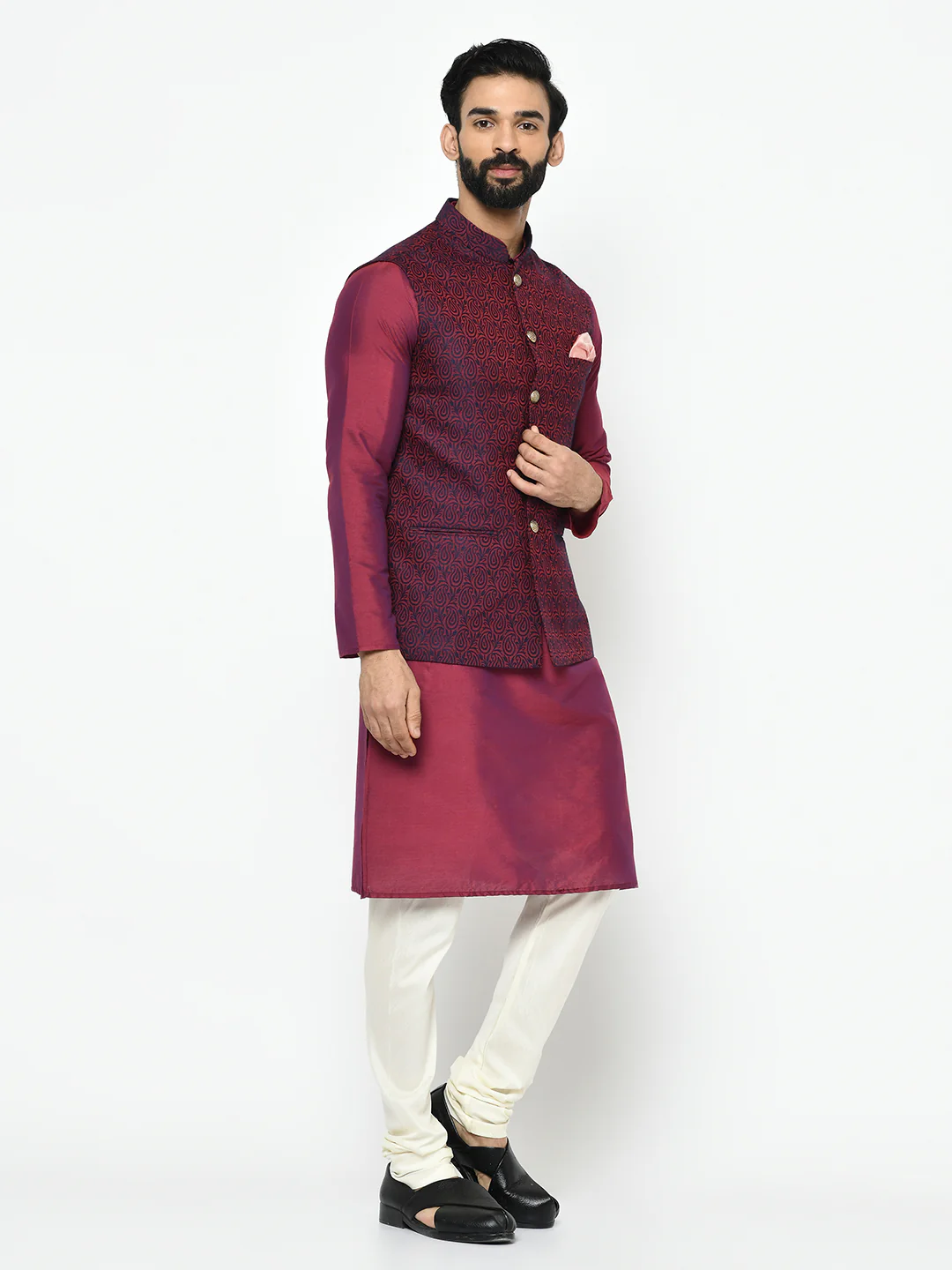 Men's Maroon Kurta Jacket Pyjama Set - Image 2