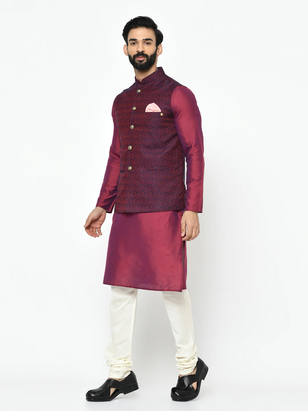 Men's Maroon Kurta Jacket Pyjama Set - Image 3