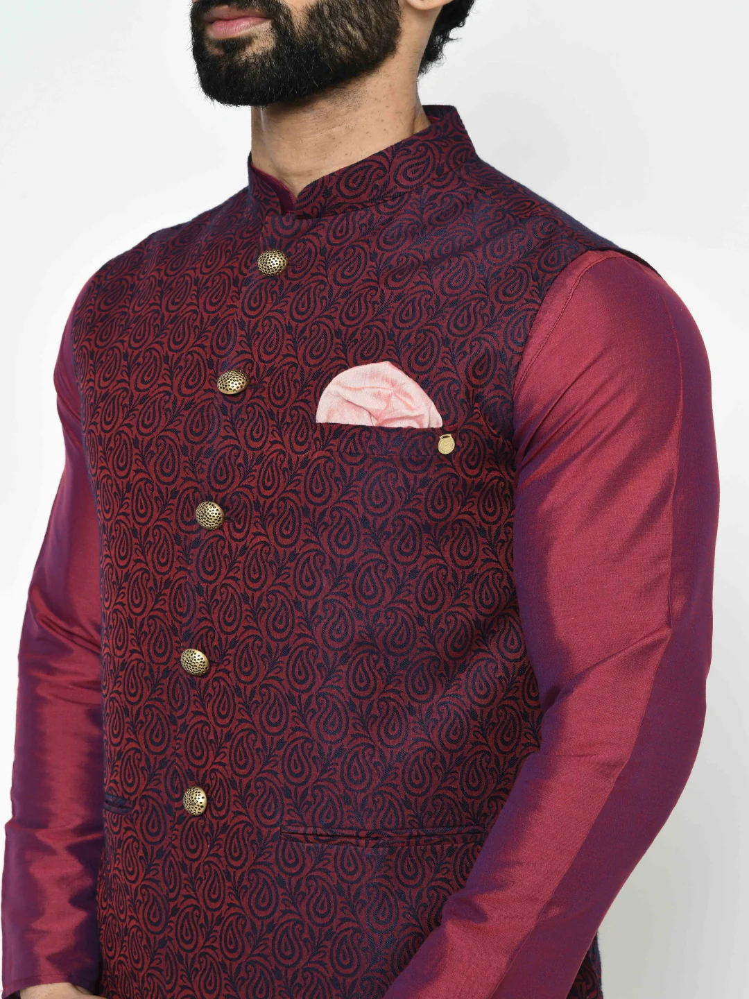 Men's Maroon Kurta Jacket Pyjama Set - Image 5