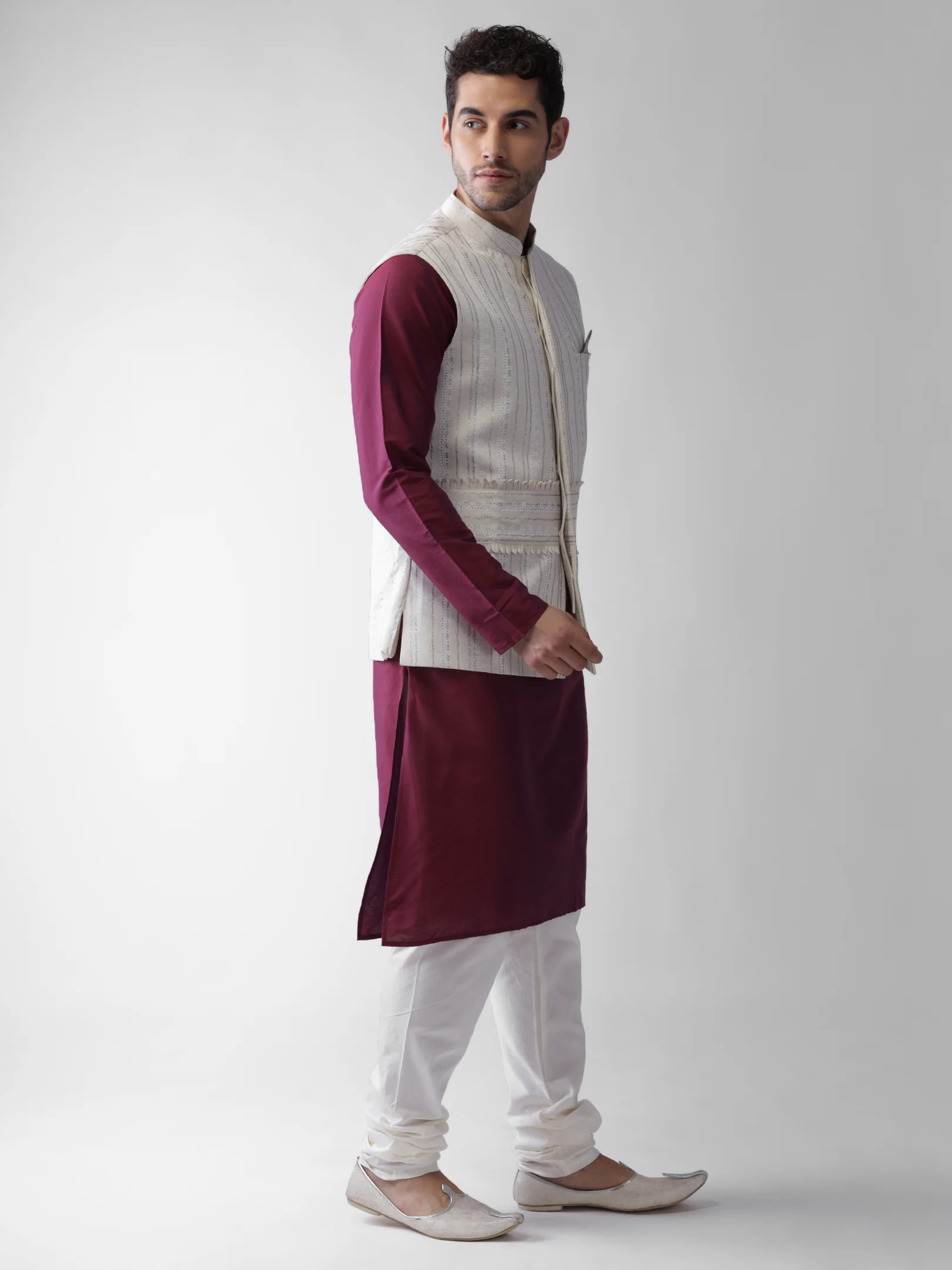 White Printed Silk Blend Nehru Jacket Kurta Churidar Set - Image 3