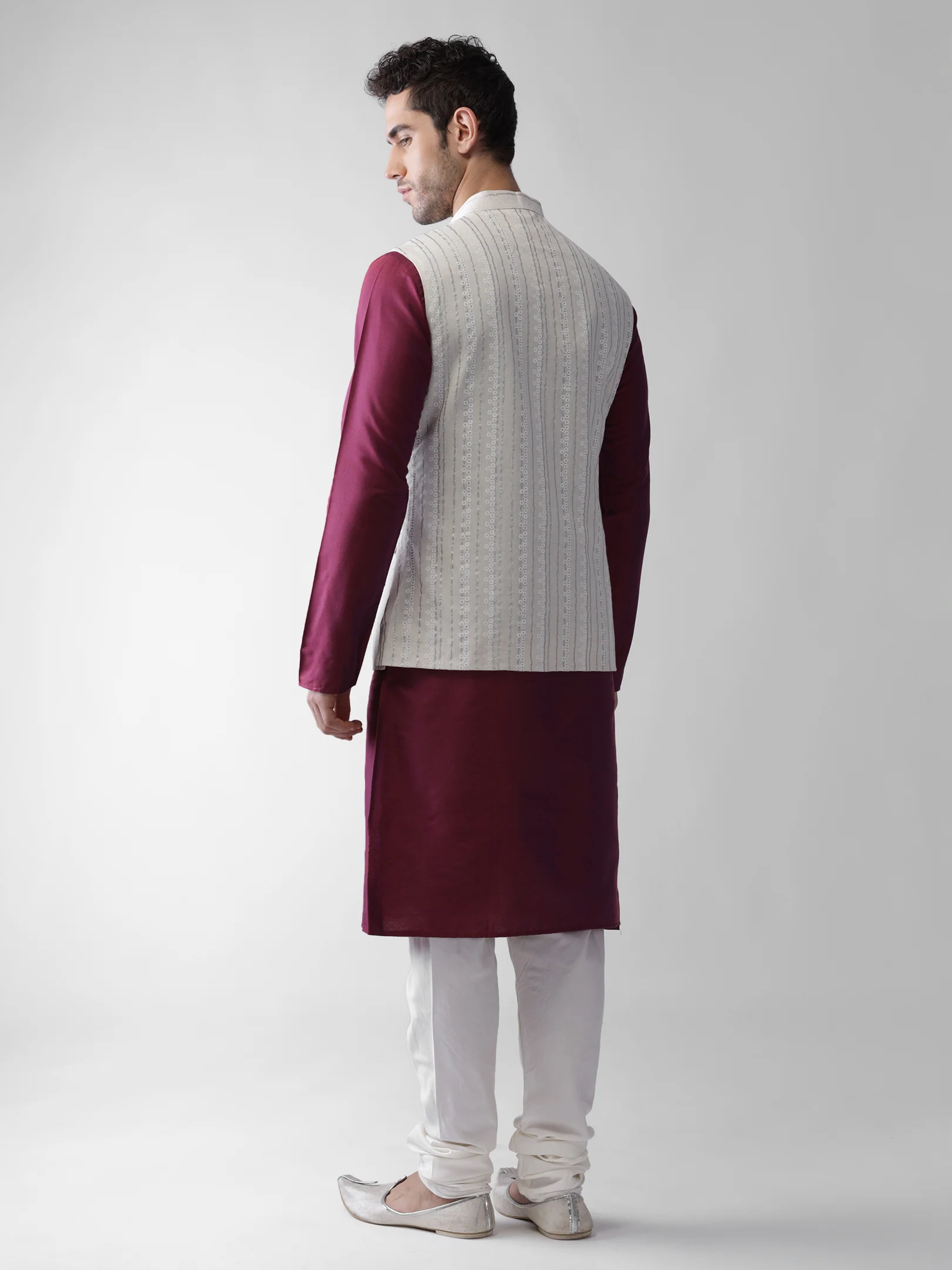 White Printed Silk Blend Nehru Jacket Kurta Churidar Set - Image 4