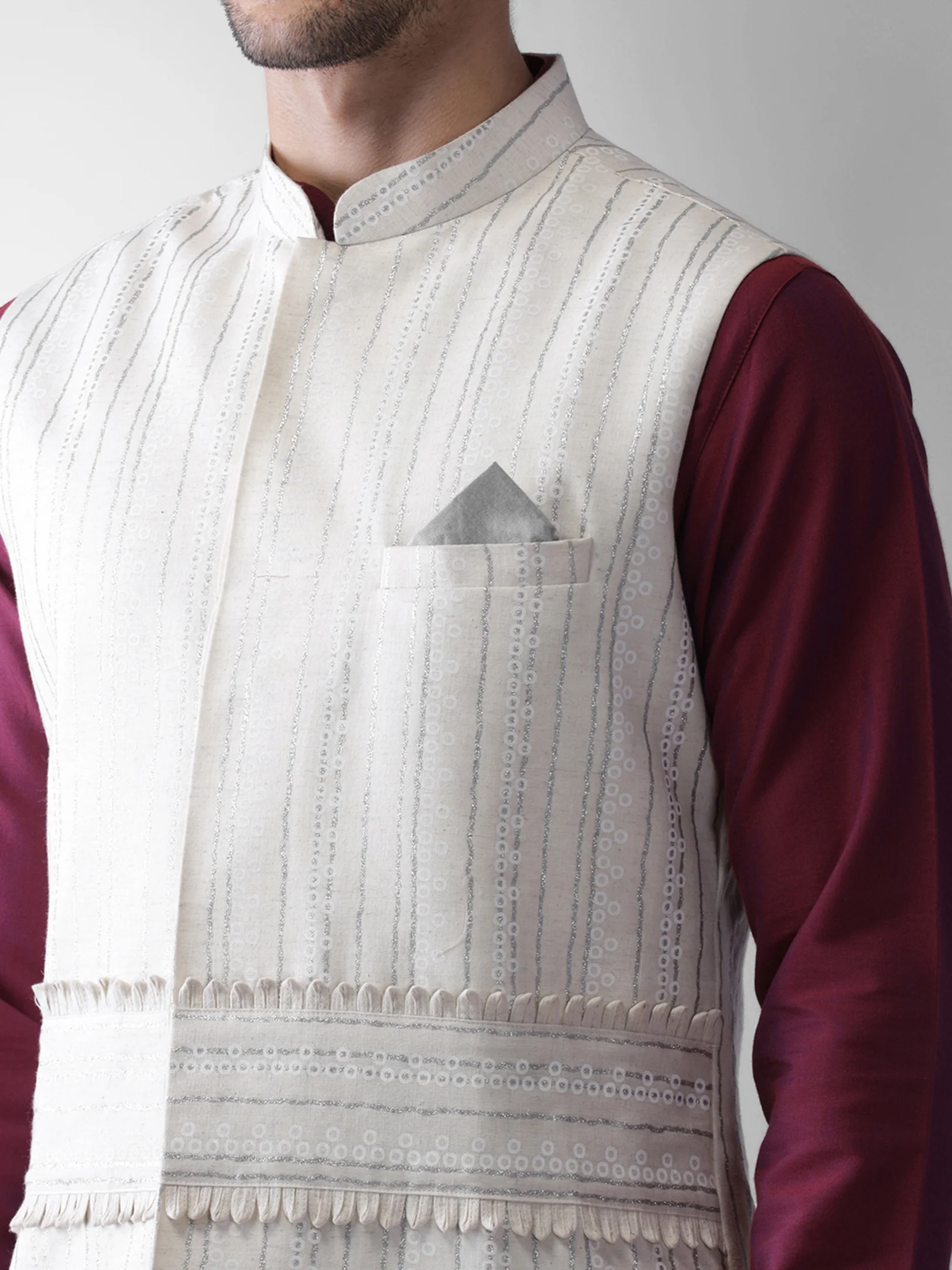 White Printed Silk Blend Nehru Jacket Kurta Churidar Set - Image 5