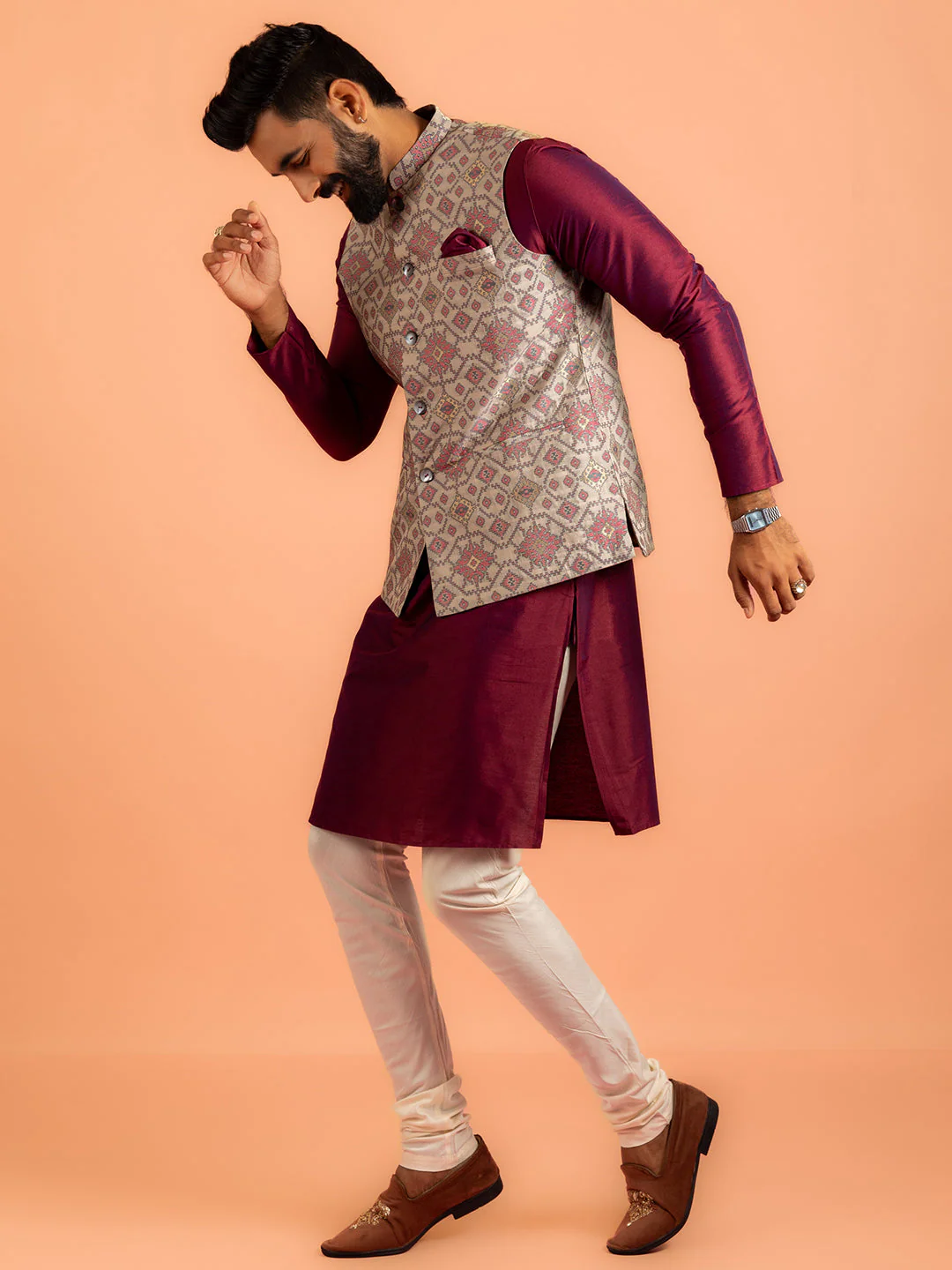 Men Grey Printed Kurta Jacket Churidar Set - Image 19