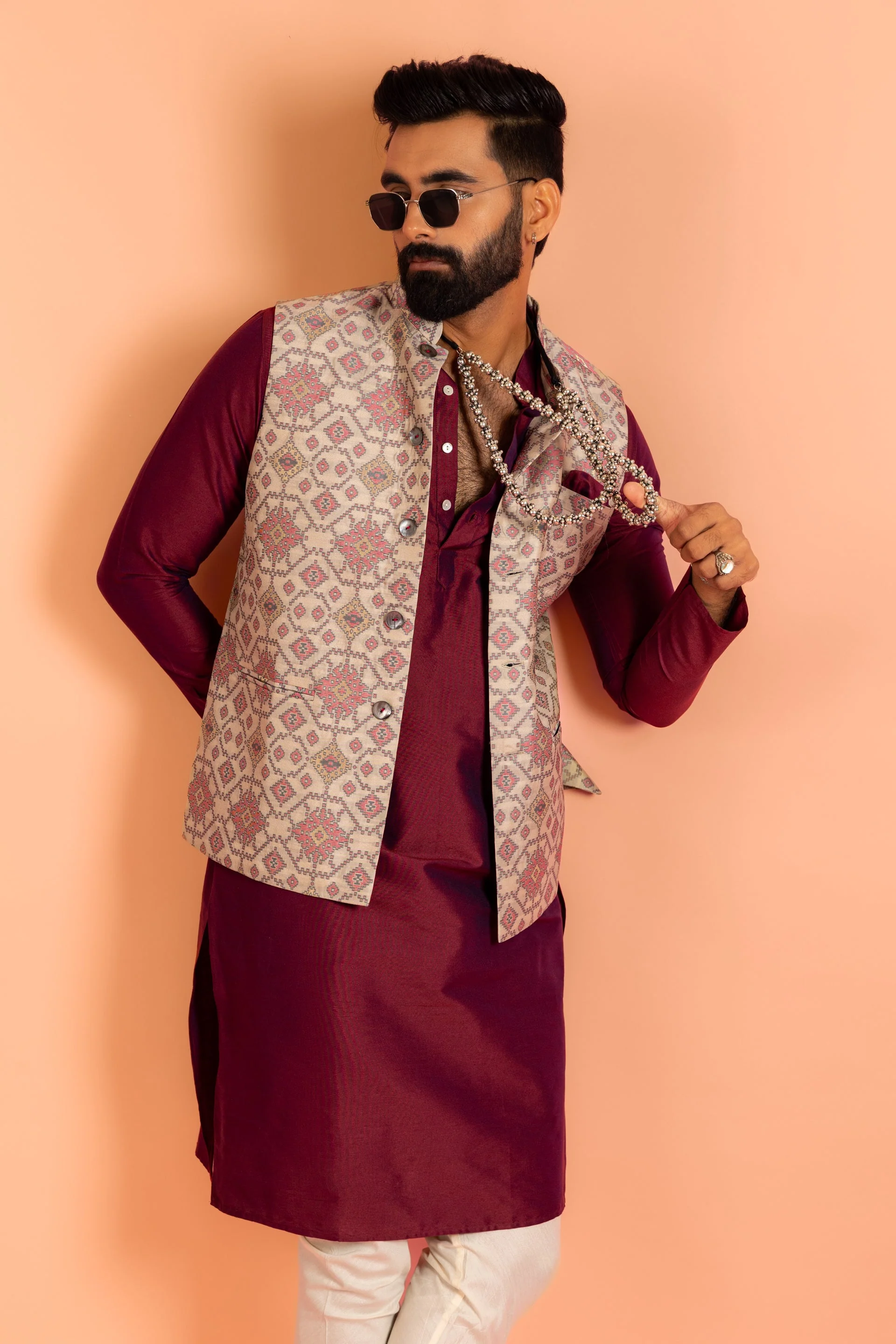 Men Grey Printed Kurta Jacket Churidar Set - Image 26