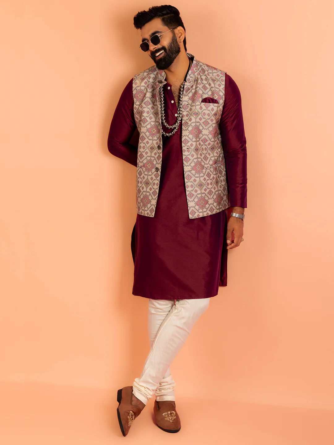 Men Grey Printed Kurta Jacket Churidar Set - Image 3