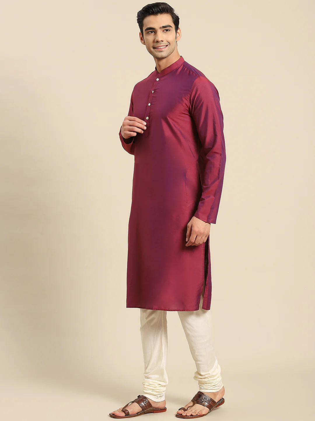 Men Light Pink Kurta Jacket Churidar Set - Image 7