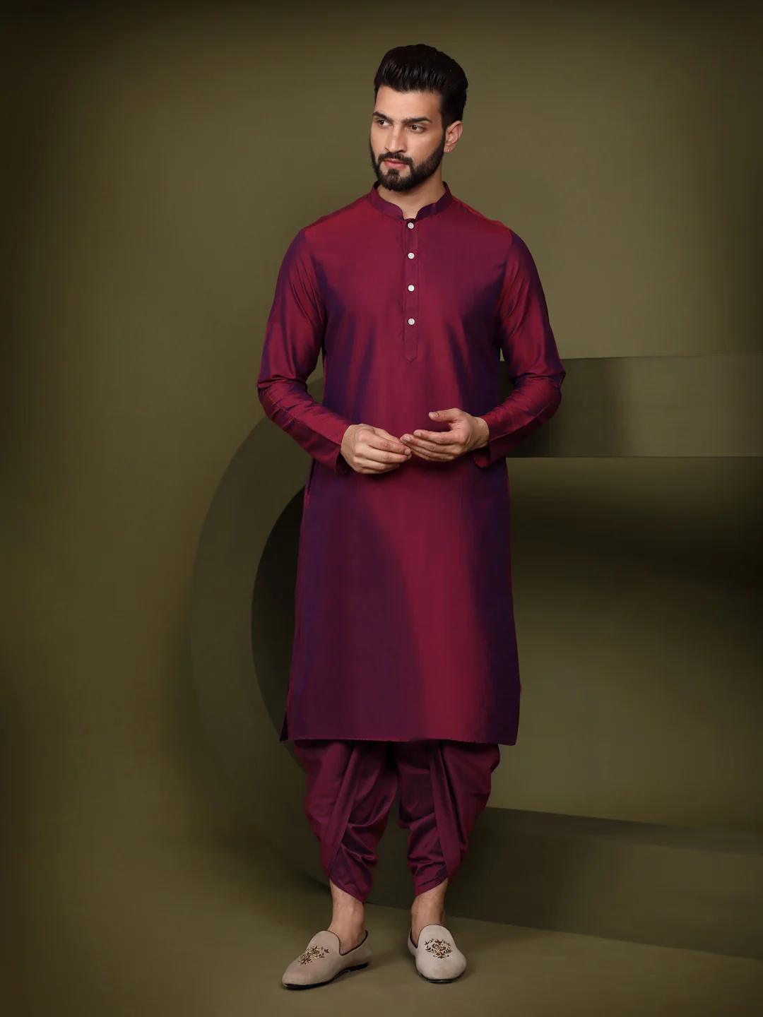 Maroon Silk Blend Embroidered Jacket Set with Dhoti - Image 5