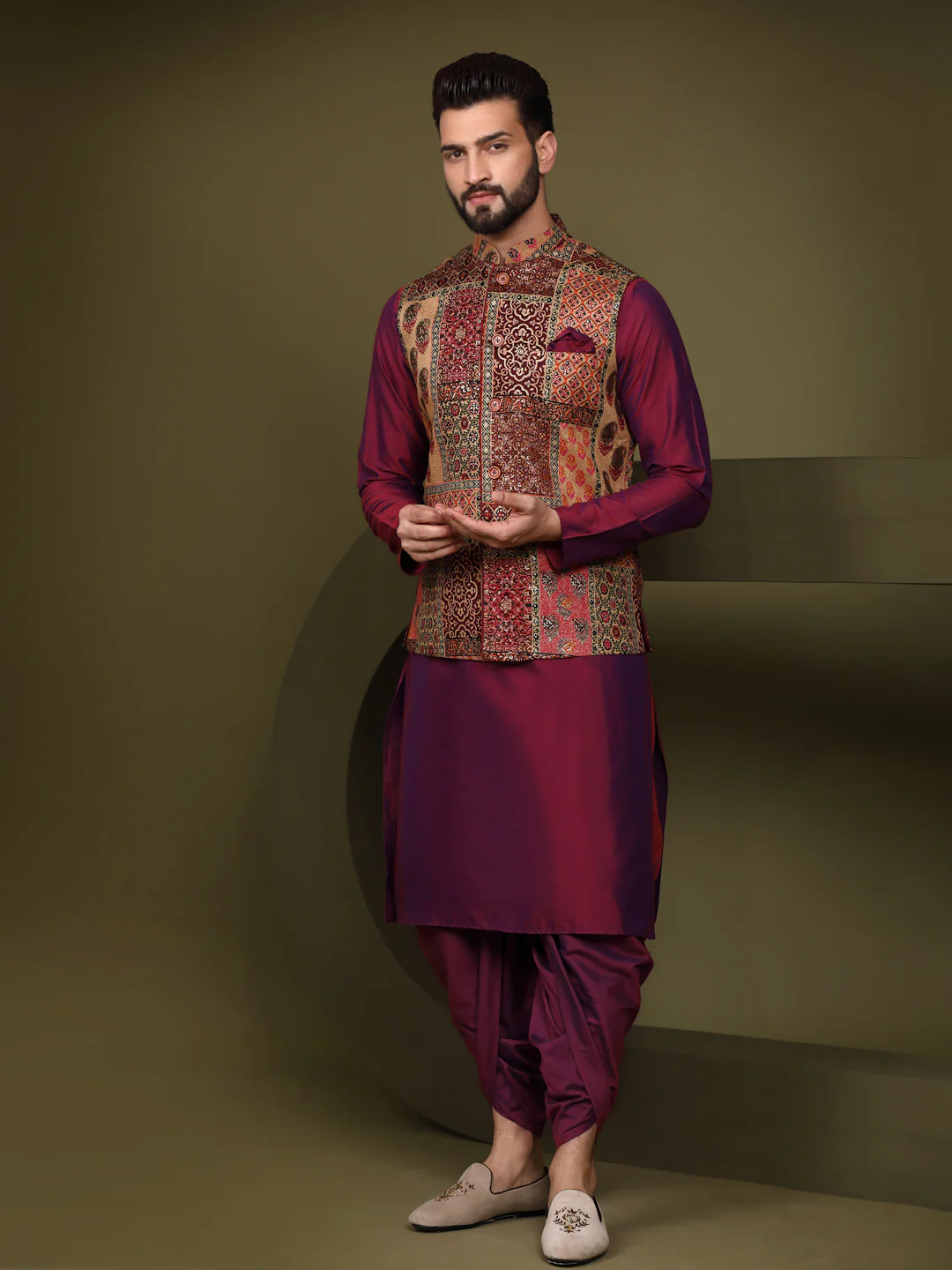 Maroon Silk Blend Embroidered Jacket Set with Dhoti - Image 8