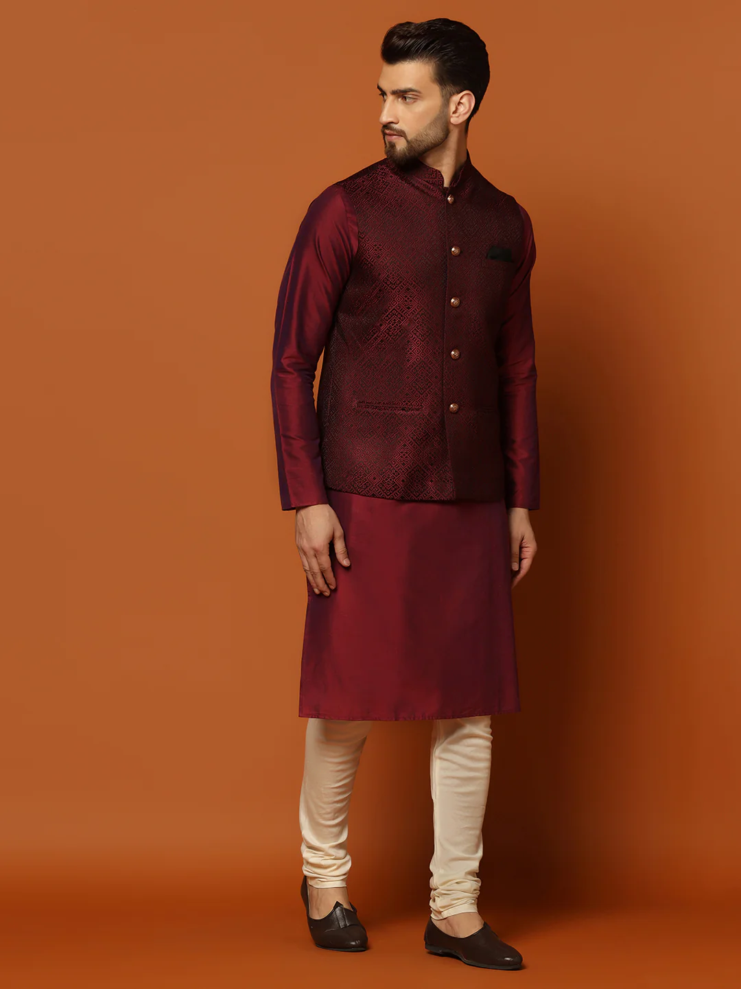 Maroon Cotton Woven Nehru Jacket Kurta Churidar - Image 2