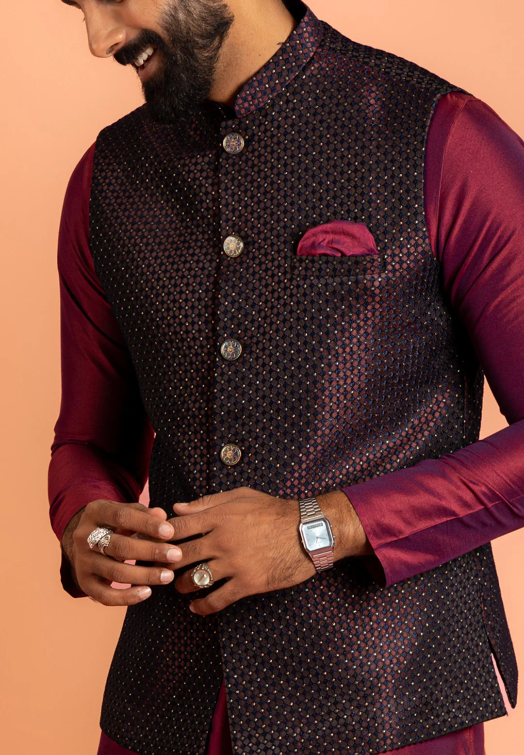 Maroon Silk Blend Jacket Kurta Churidar Set - Image 5