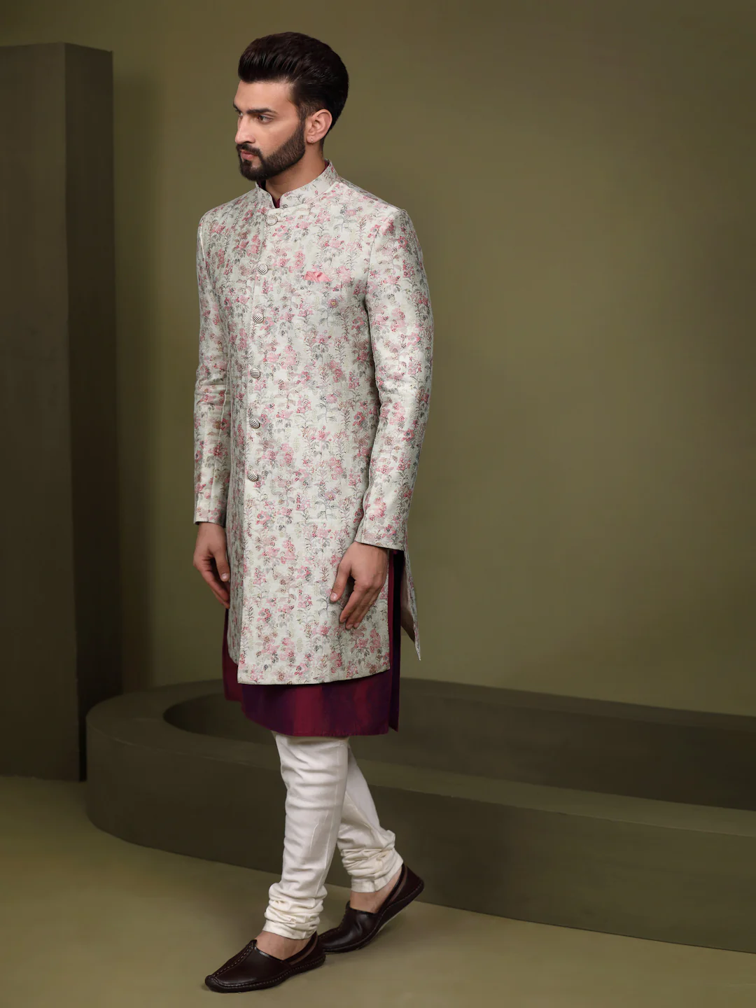 Ivory Silk Blend Kurta Indo-Western Sherwani Set with Floral Jacquard Design for Wedding & Reception Outfit - Image 2