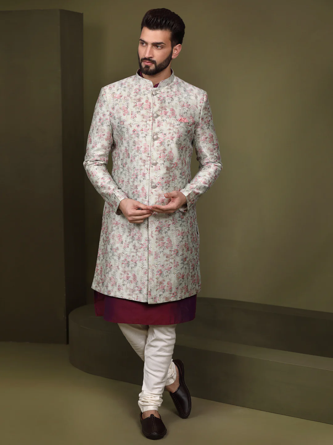 Ivory Silk Blend Kurta Indo-Western Sherwani Set with Floral Jacquard Design for Wedding & Reception Outfit - Image 3