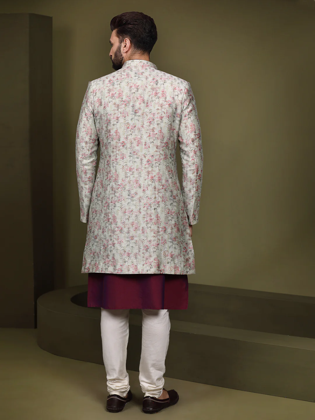 Ivory Silk Blend Kurta Indo-Western Sherwani Set with Floral Jacquard Design for Wedding & Reception Outfit - Image 4