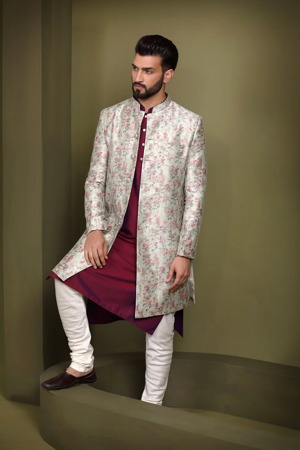Ivory Silk Blend Kurta Indo-Western Sherwani Set with Floral Jacquard Design for Wedding & Reception Outfit - Image 8