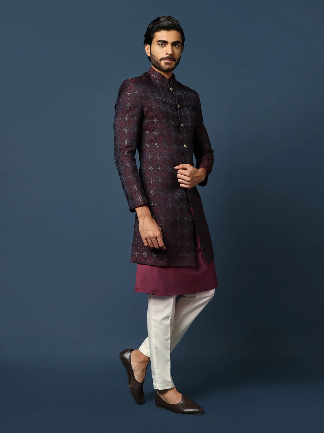 Men Purple Textured Kurta Indowestern Trouser Set - Image 2