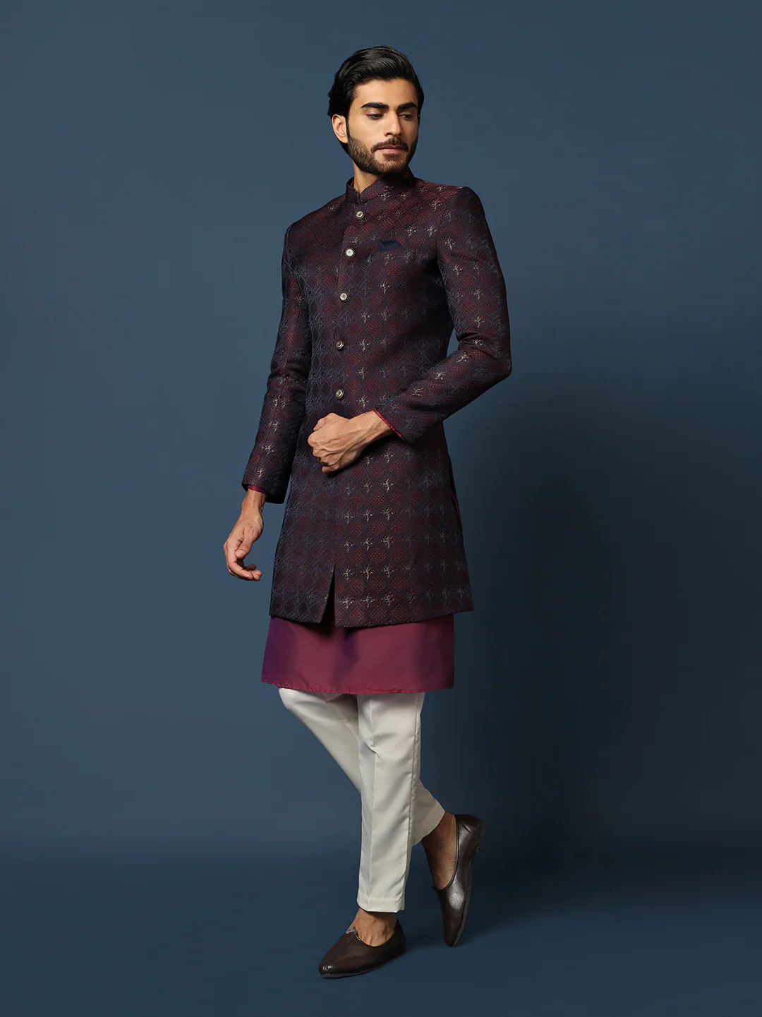 Men Purple Textured Kurta Indowestern Trouser Set - Image 3