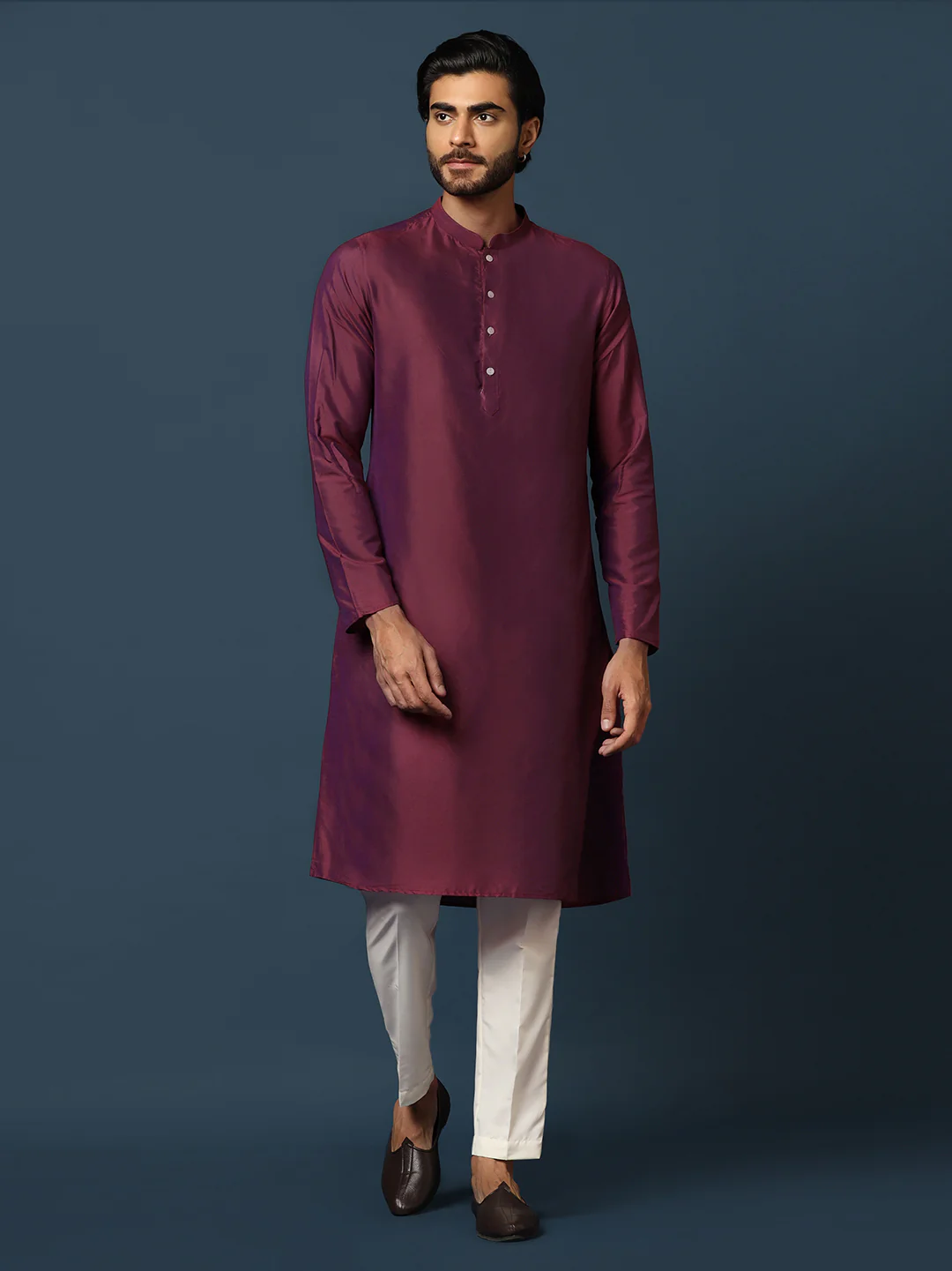 Men Purple Textured Kurta Indowestern Trouser Set - Image 5