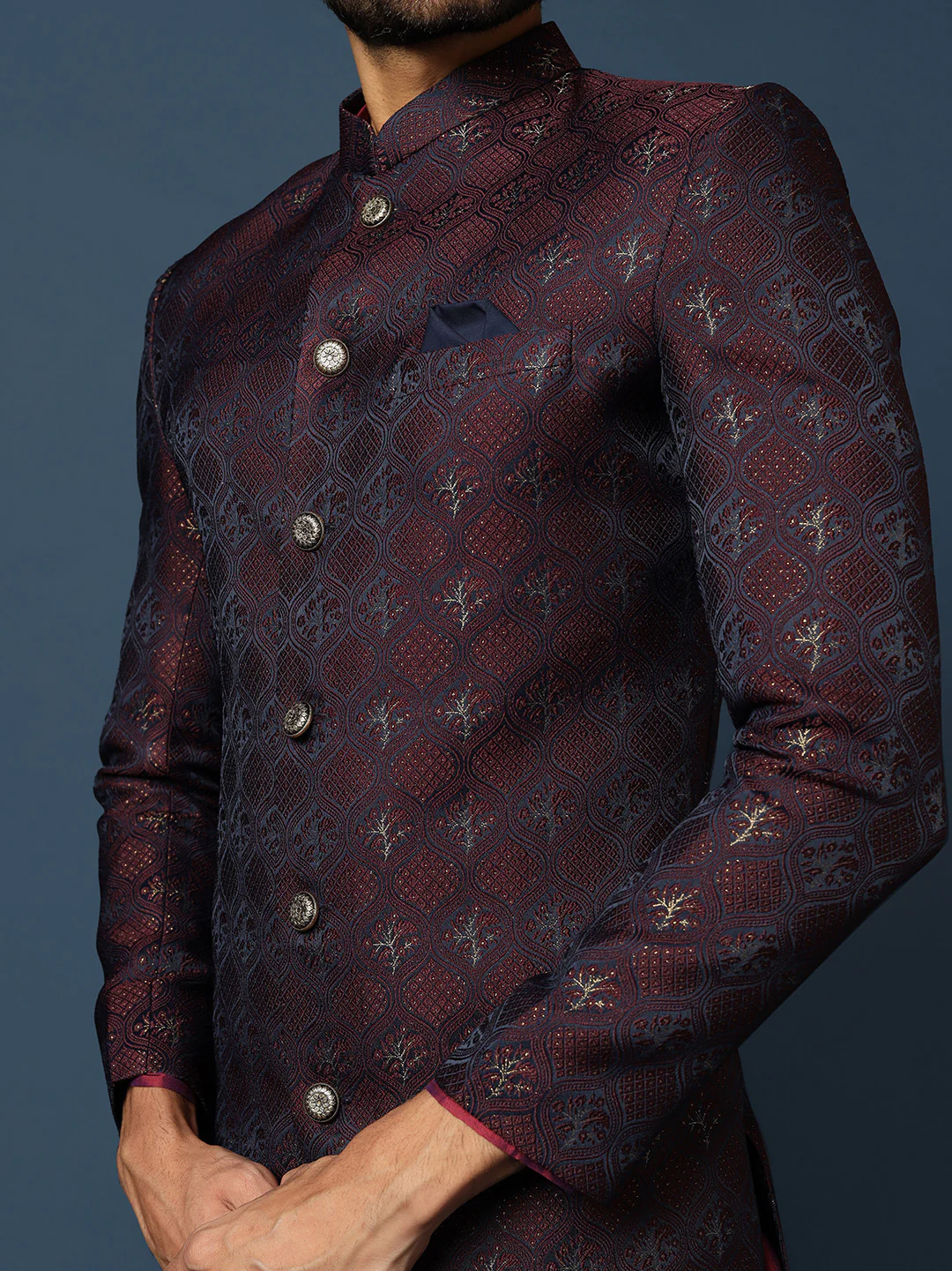 Men Purple Textured Kurta Indowestern Trouser Set - Image 6