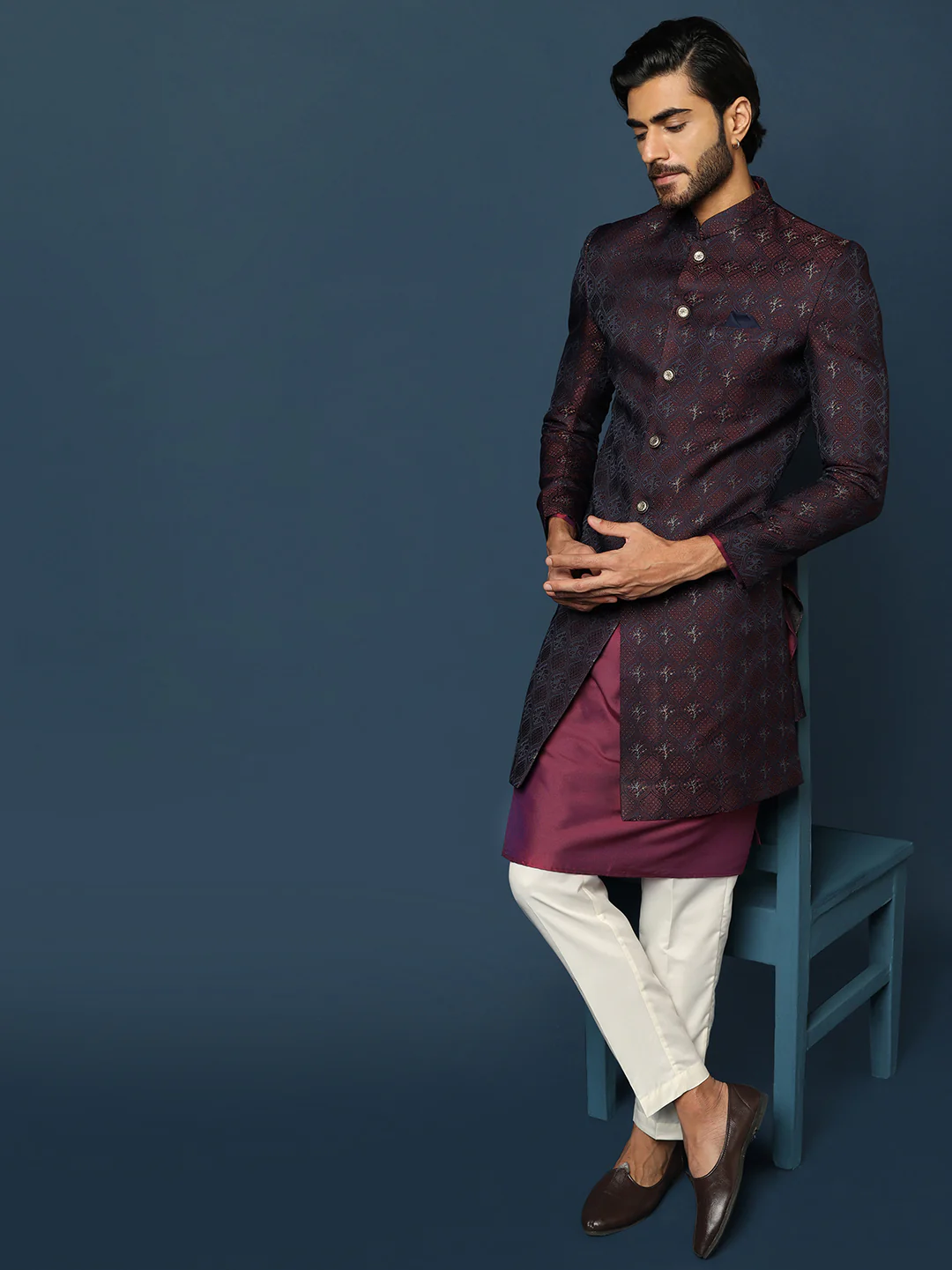 Men Purple Textured Kurta Indowestern Trouser Set - Image 8