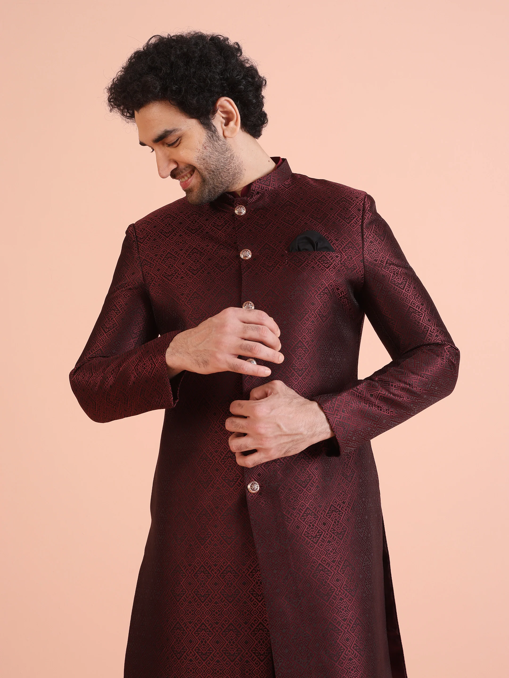 Maroon Silk Blend Indo-Western Sherwani Set with Jacquard Jacket and Cream Churidar â€“ Wedding & Reception Ensemble - Image 8